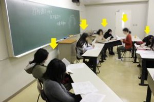 左から検察官・裁判長・弁護士・被告人・裁判員(全員)